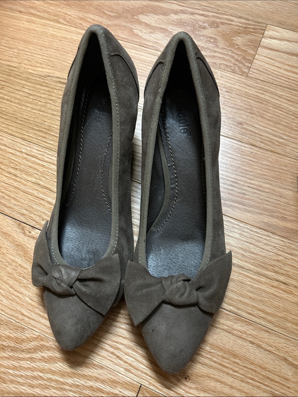 Nicole Olive Taupe Pointed-Toe Bow Flats